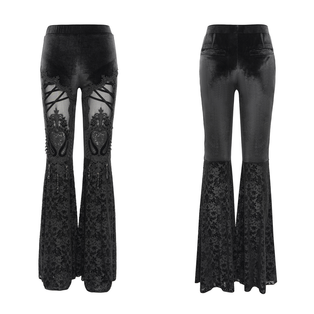 Gothic lace flare pants with silver embroidery, sheer mesh panels, and luxurious velvet fabric for a dramatic silhouette.