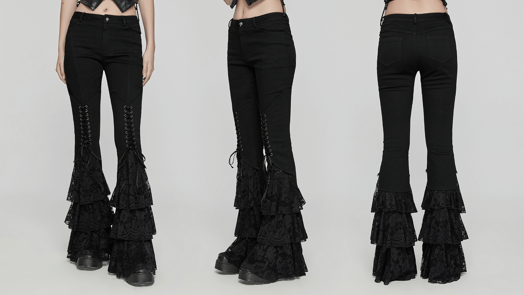Gothic lace flared pants with V-shaped drawstring and stacked lace hem for a bold rebel look.