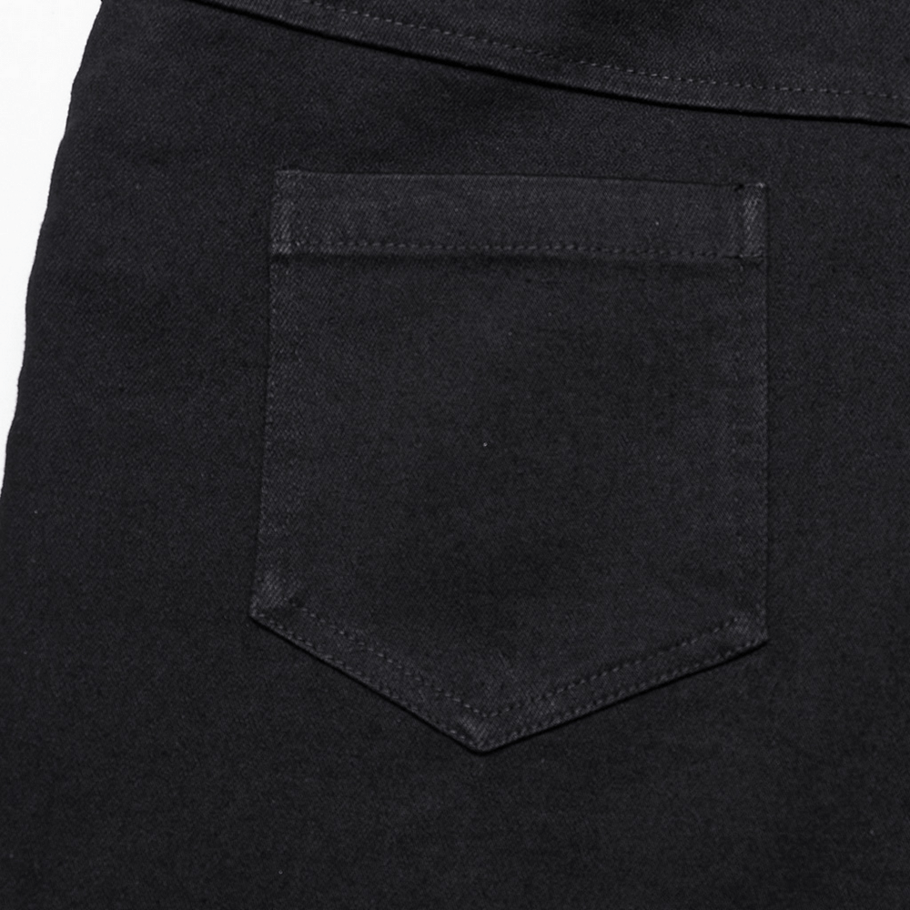 Close-up of a black gothic denim pant pocket, showcasing sleek design and texture for edgy fashion.
