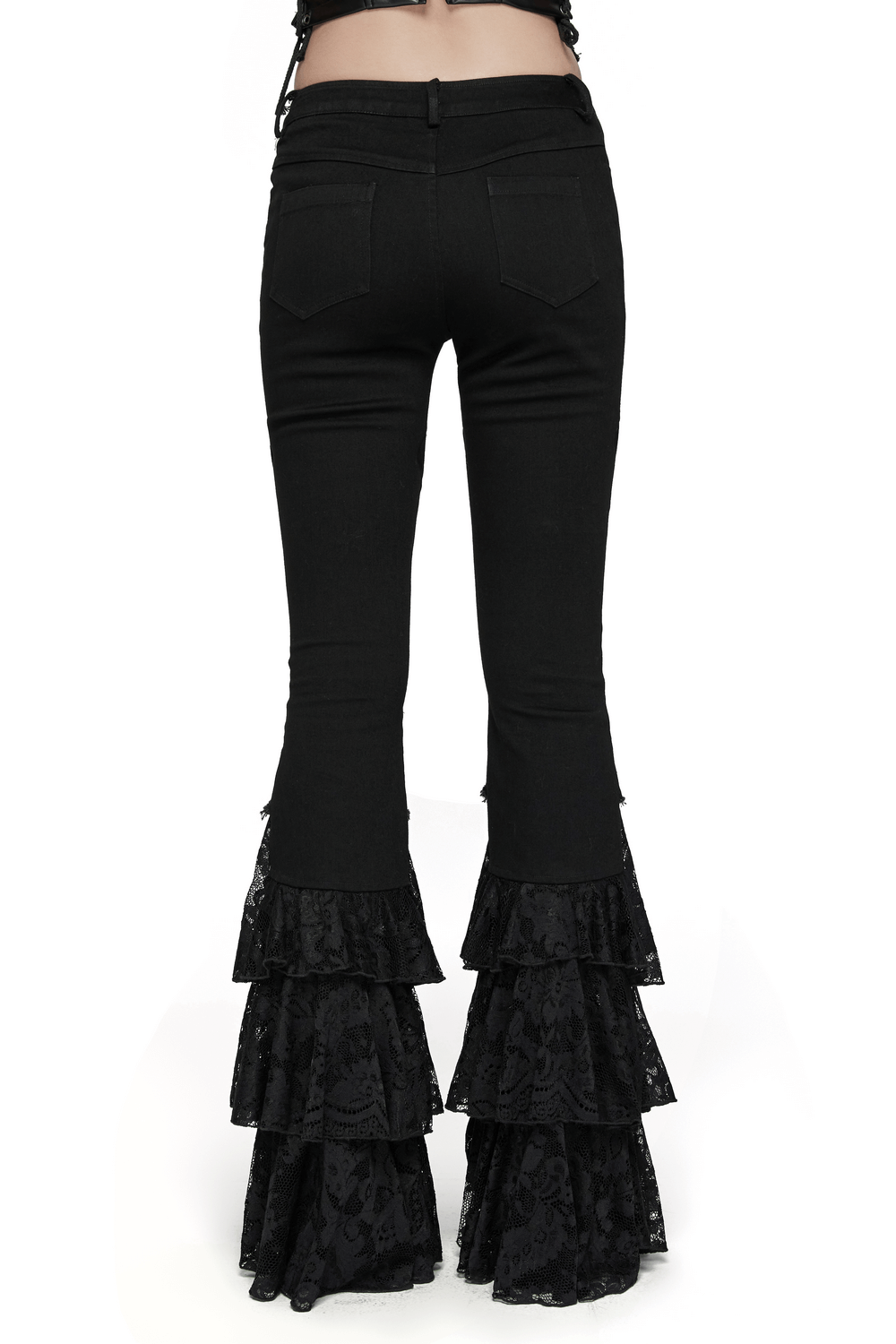 Back view of Gothic Lace Flared Pants featuring stacked lace hem and a sleek black finish.