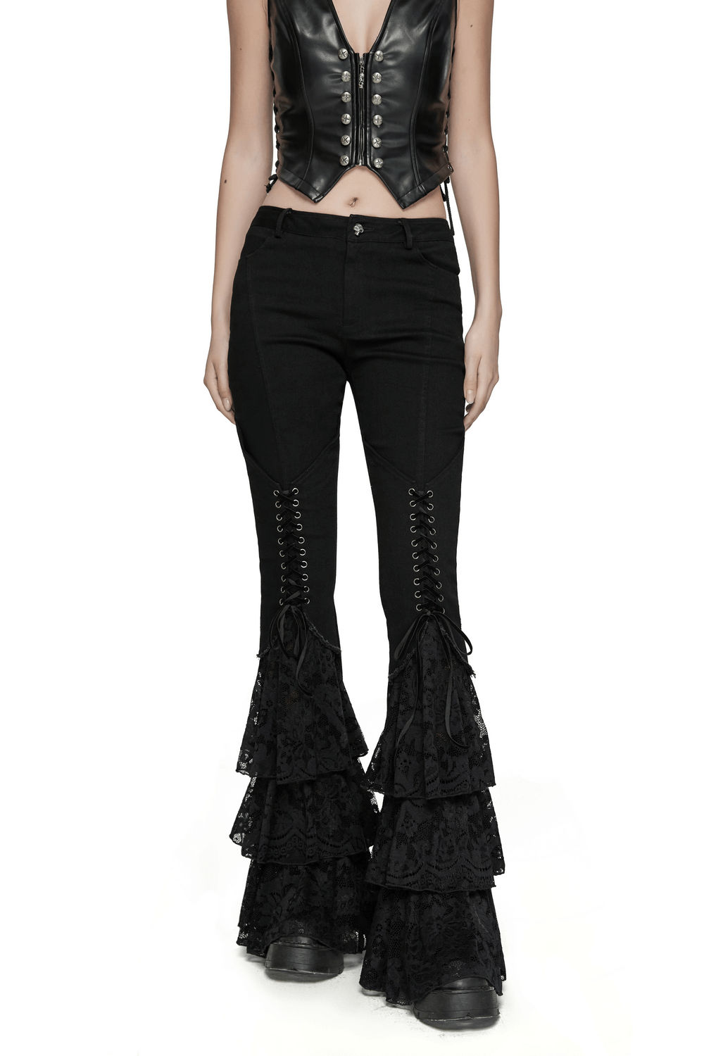Gothic lace flared pants with V-shaped drawstring, low-waisted design, and stacked lace hem for edgy style.
