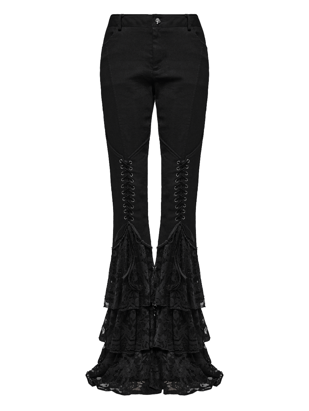 Gothic flared pants with lace hem and V-shaped drawstring, perfect for edgy fashion lovers.