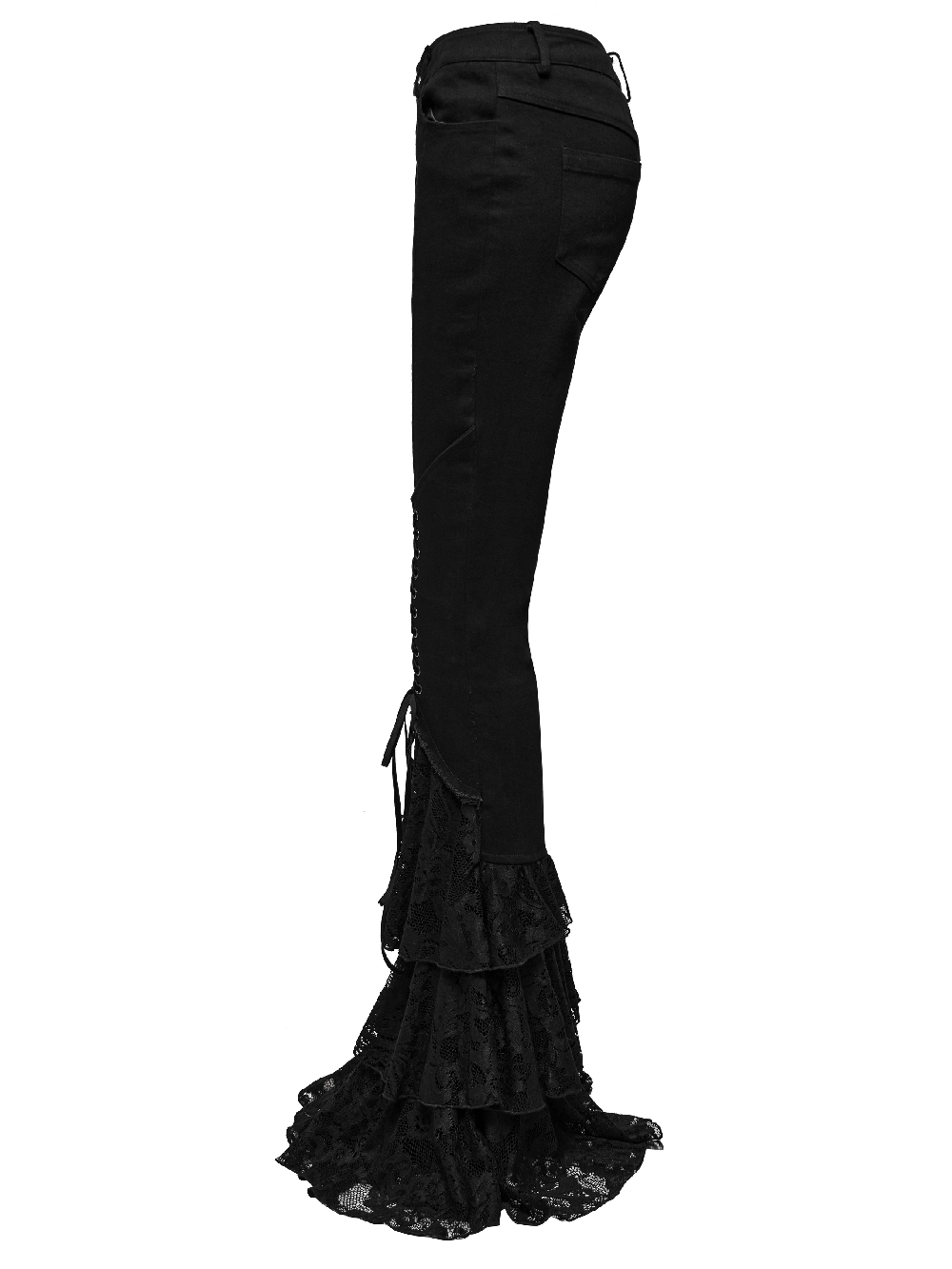 Side view of Gothic Lace Flared Pants with V-shaped drawstring and stacked lace hem, perfect for edgy style.