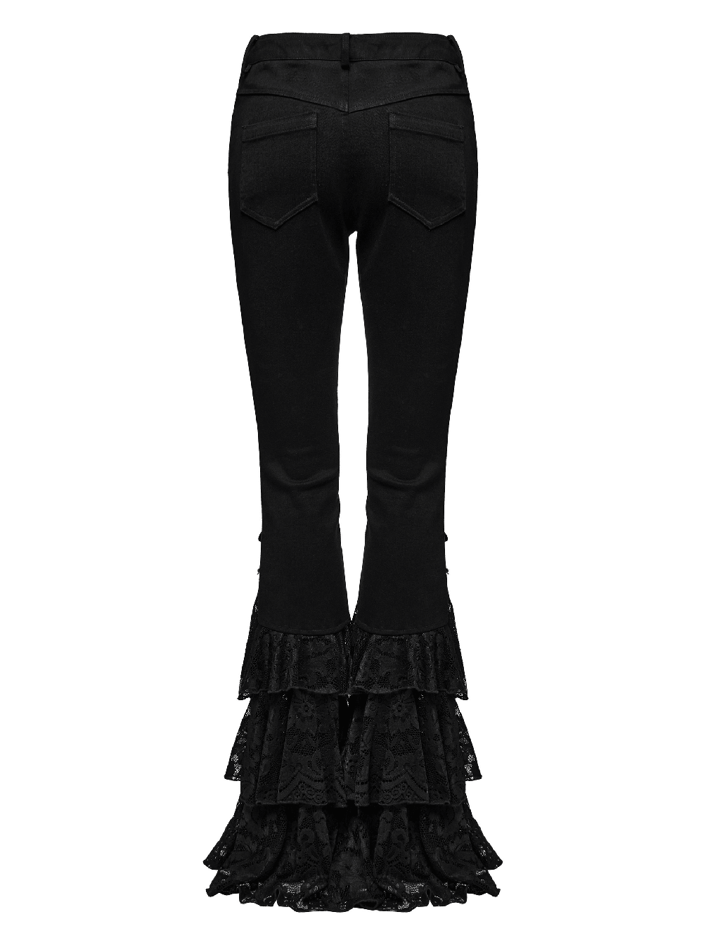 Back view of Gothic Lace Flared Pants, featuring stacked lace hem and V-shaped drawstring for an edgy style.