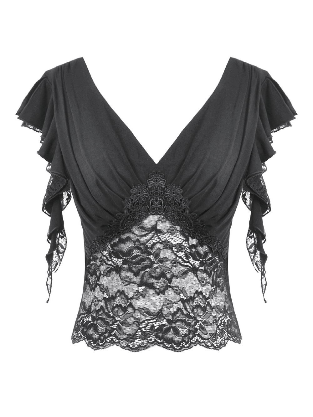 Gothic Lace Flutter Sleeve V-Neck Top for Women with floral lace panel and draped bodice in black.