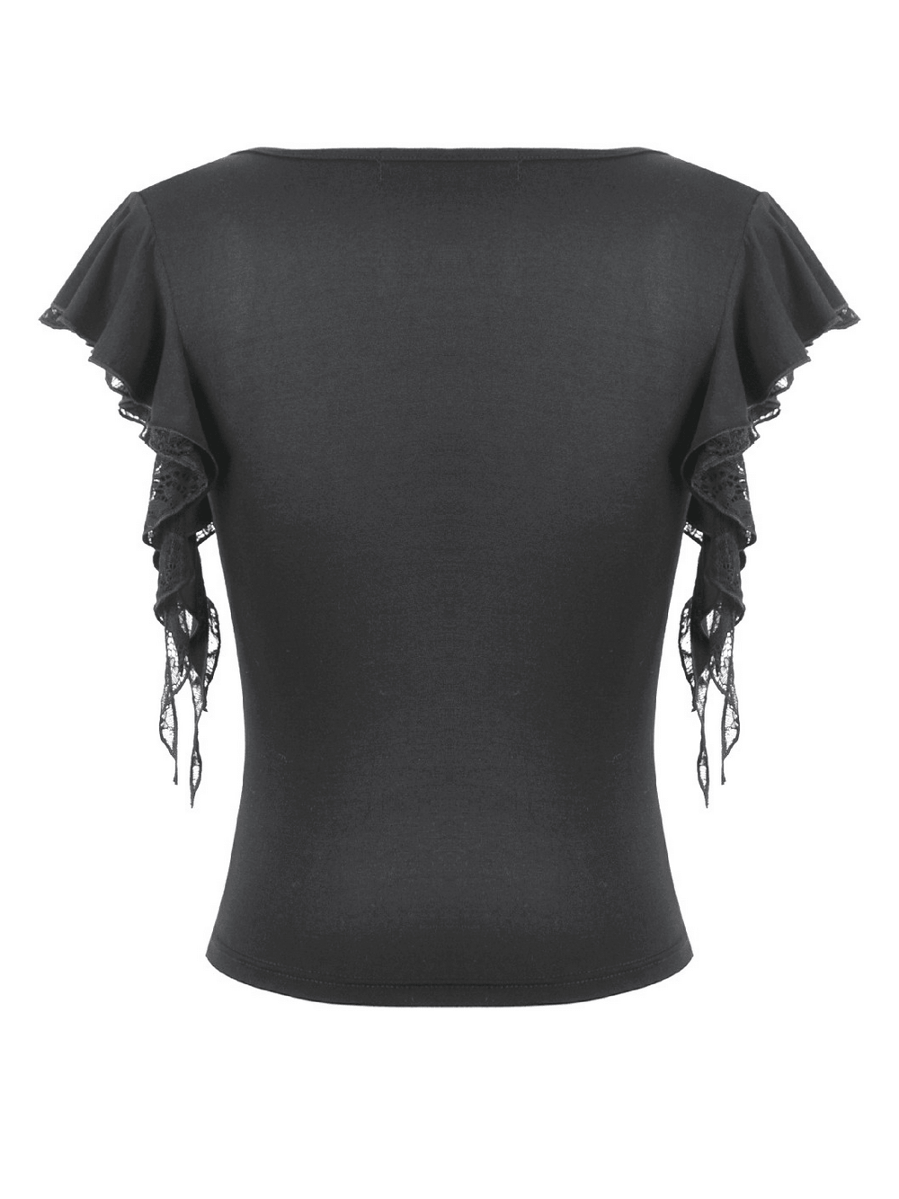 Back view of Gothic Lace Flutter Sleeve V-Neck Top for Women showcasing flutter sleeves and floral lace details.