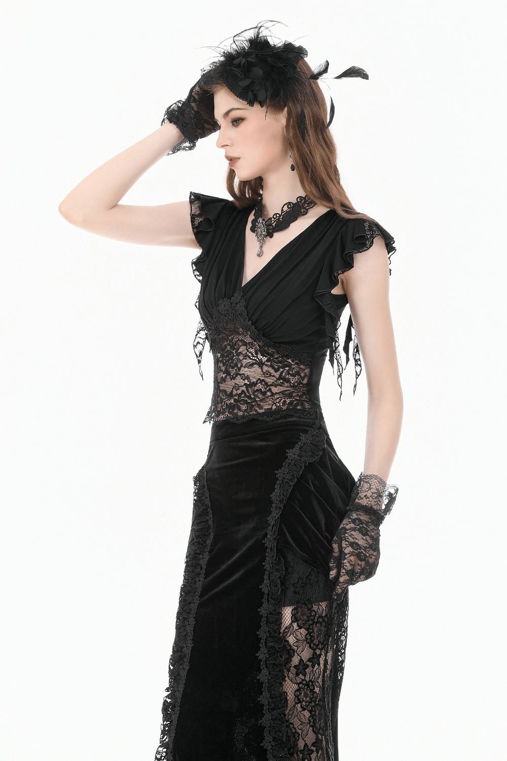 Gothic Lace Flutter Sleeve V-Neck Top for Women styled with gloves and accessories in a dark romantic setting.
