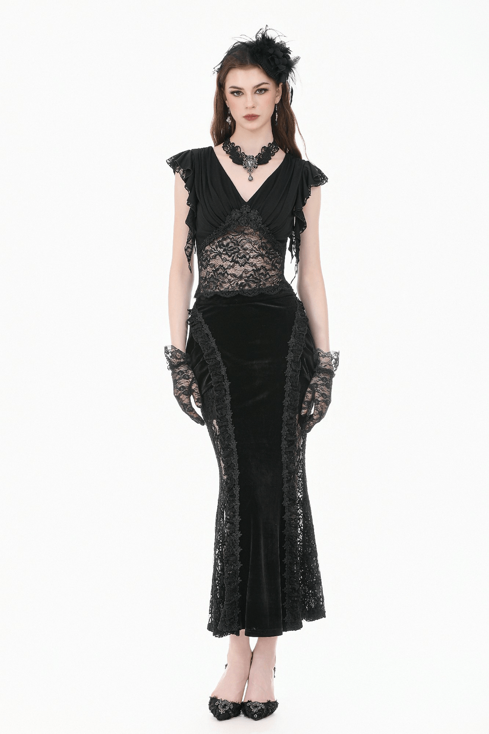 Gothic Lace Flutter Sleeve V-Neck Top for Women styled with elegant accessories and lace details.