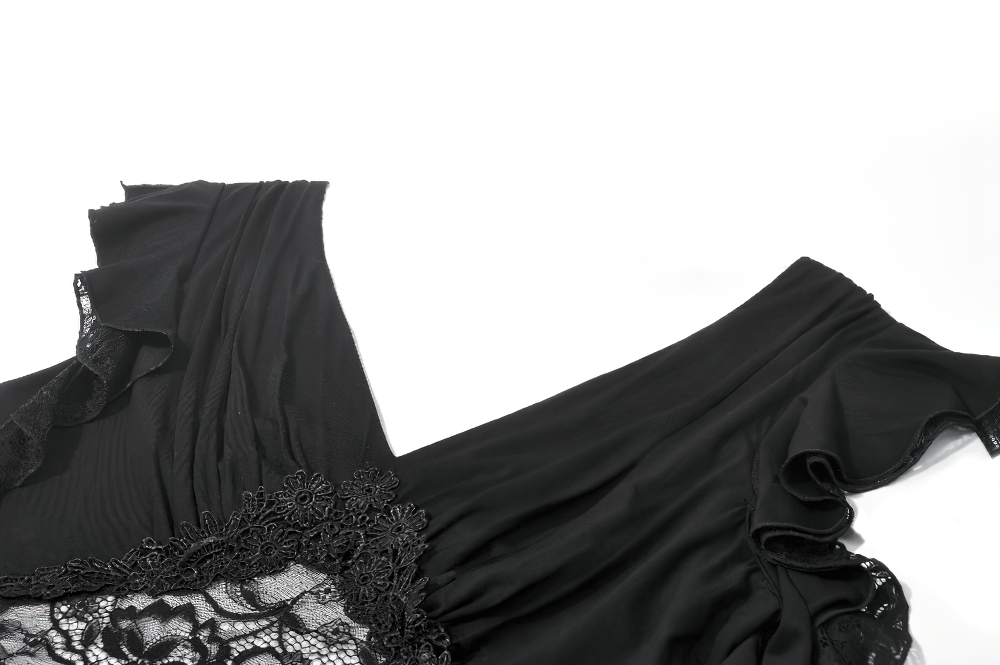 Gothic Lace Flutter Sleeve V-Neck Top for Women close-up, featuring lace trim and flutter sleeves in elegant black.