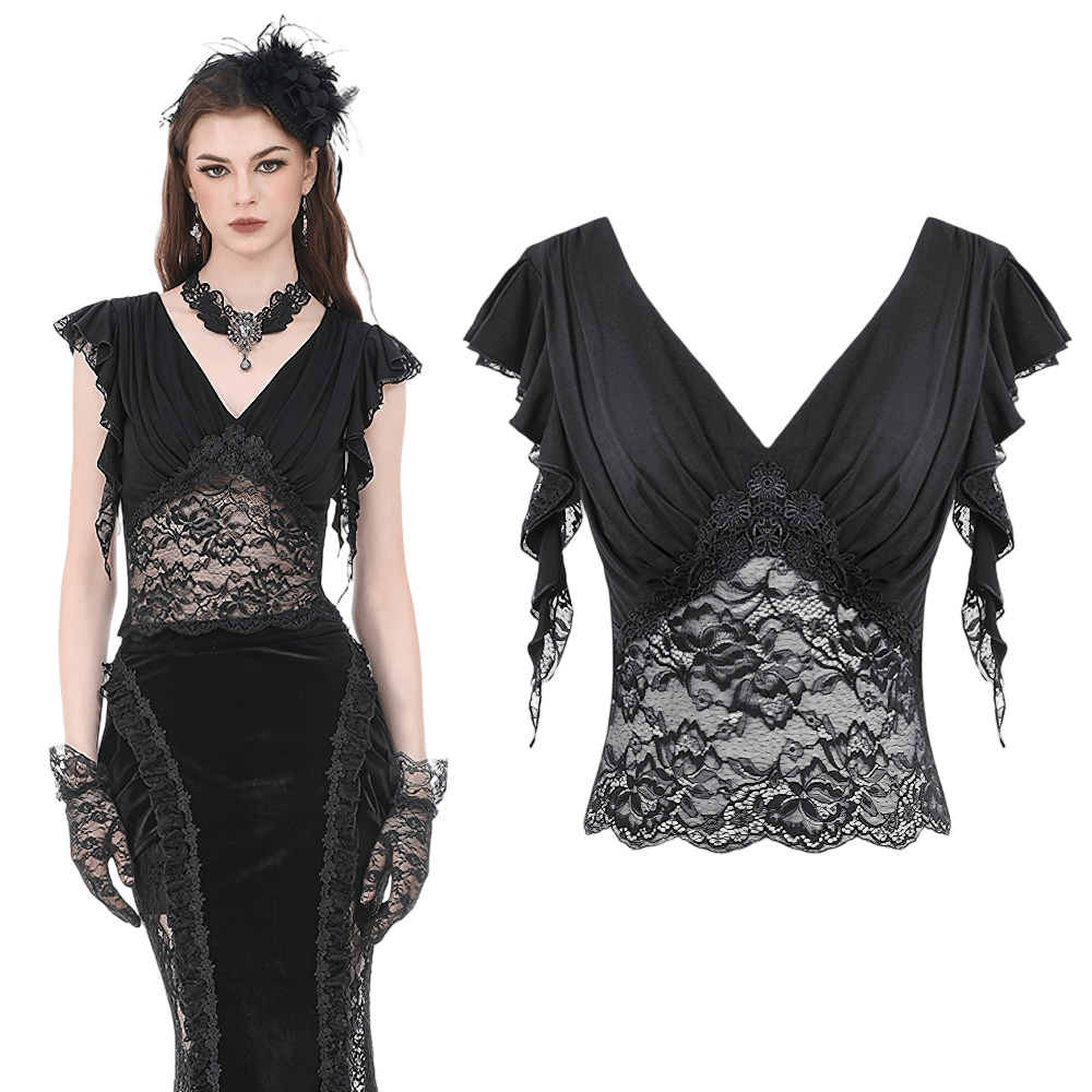 Gothic Lace Flutter Sleeve V-Neck Top for Women in black featuring lace detail and flutter sleeves for a dark romantic look.