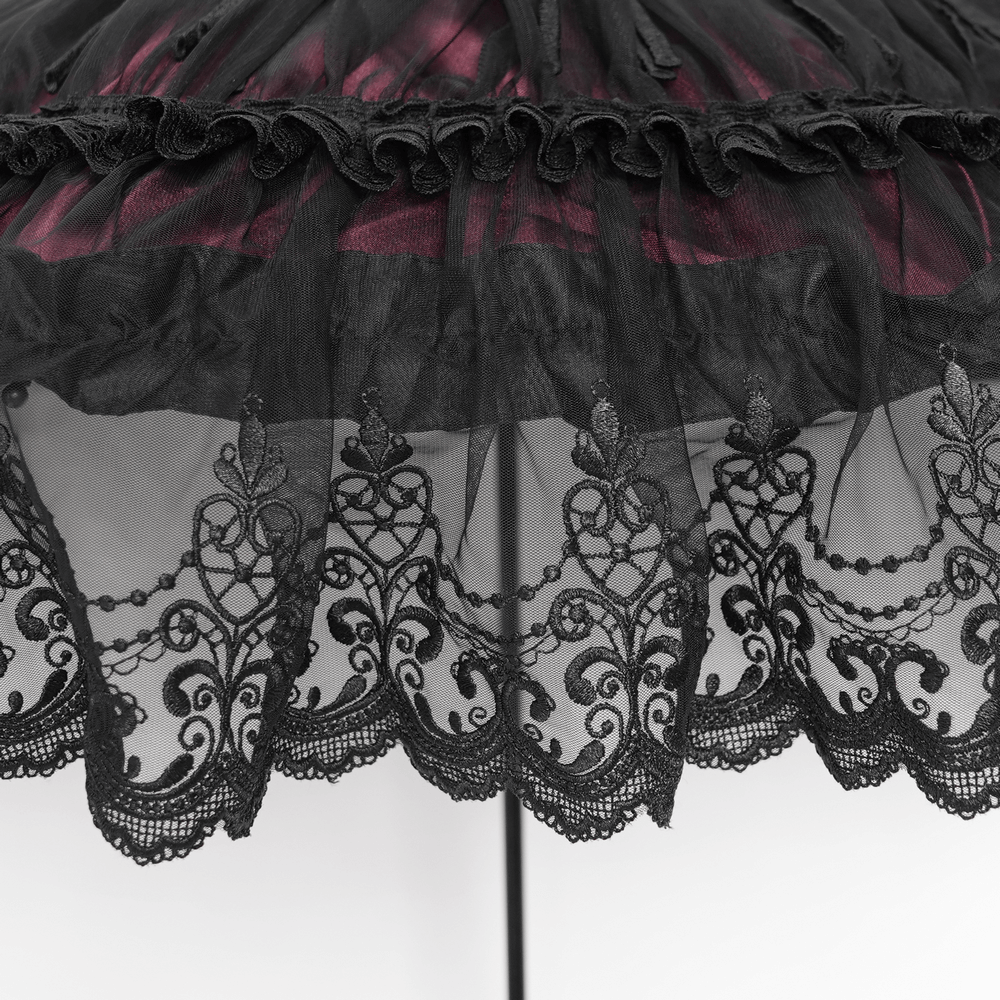 Close-up of Gothic lace umbrella showcasing intricate black lace trim and soft fringe details.