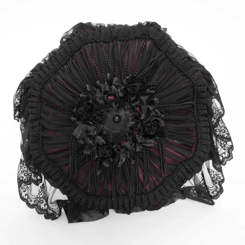 Vintage-inspired Gothic lace umbrella with roses and fringe detail, elegant black satin accents.