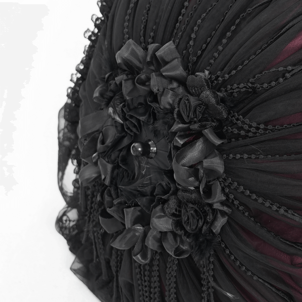Close-up of Gothic lace umbrella showcasing black roses and satin detailing with exquisite fringe trim.
