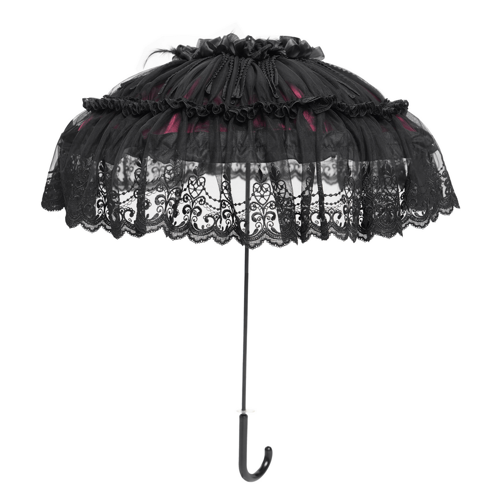 Gothic lace umbrella with roses and fringe, vintage black lace design for elegant occasions.