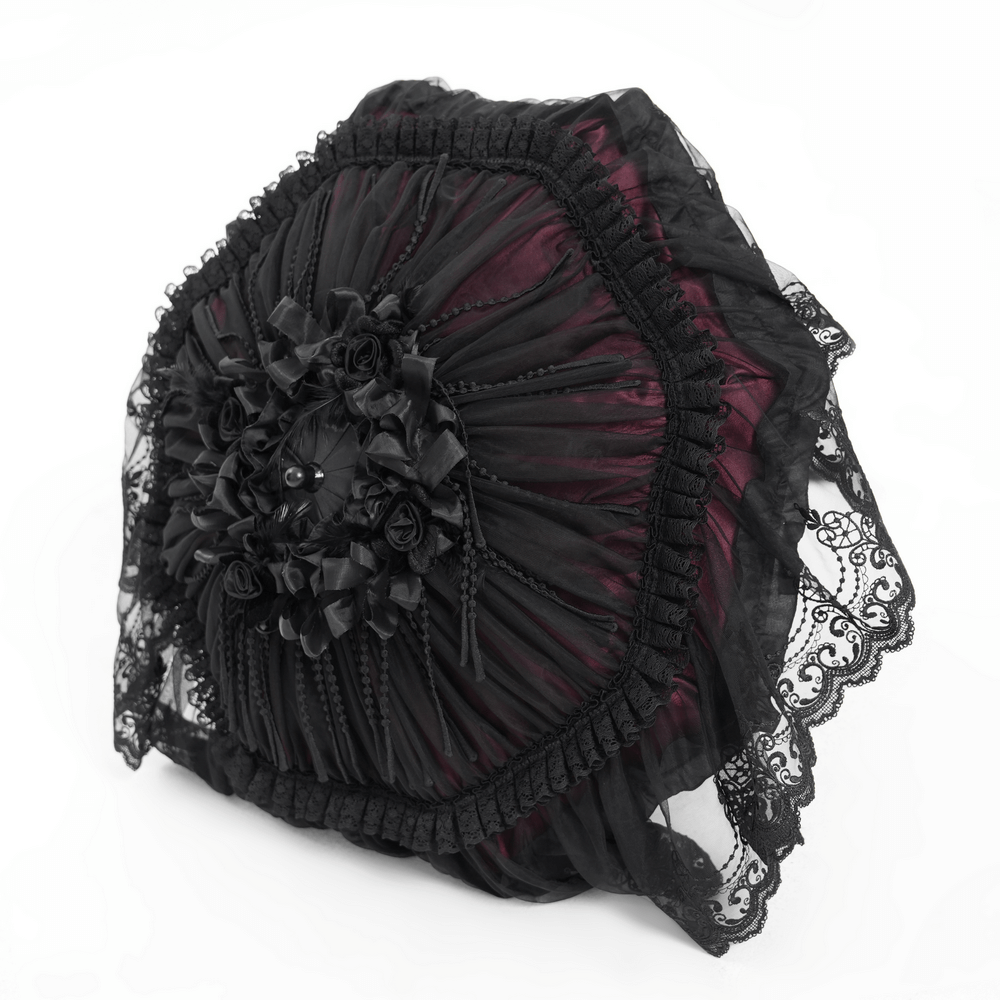 Gothic lace fringe umbrella with roses and satin, vintage black lace accessory for elegant occasions.