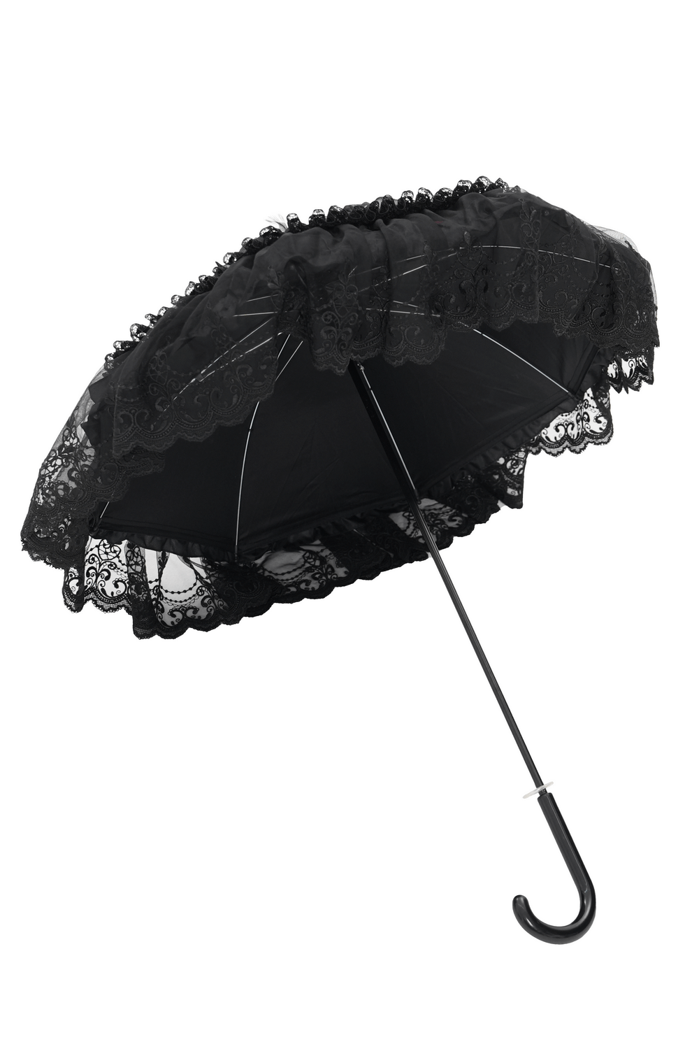 Gothic lace umbrella with roses, satin detail, and elegant fringe for vintage-inspired style.