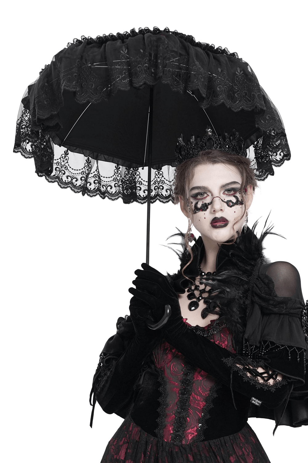 Gothic lace fringe umbrella in black held by a model in elegant attire, adorned with roses and lace trim.