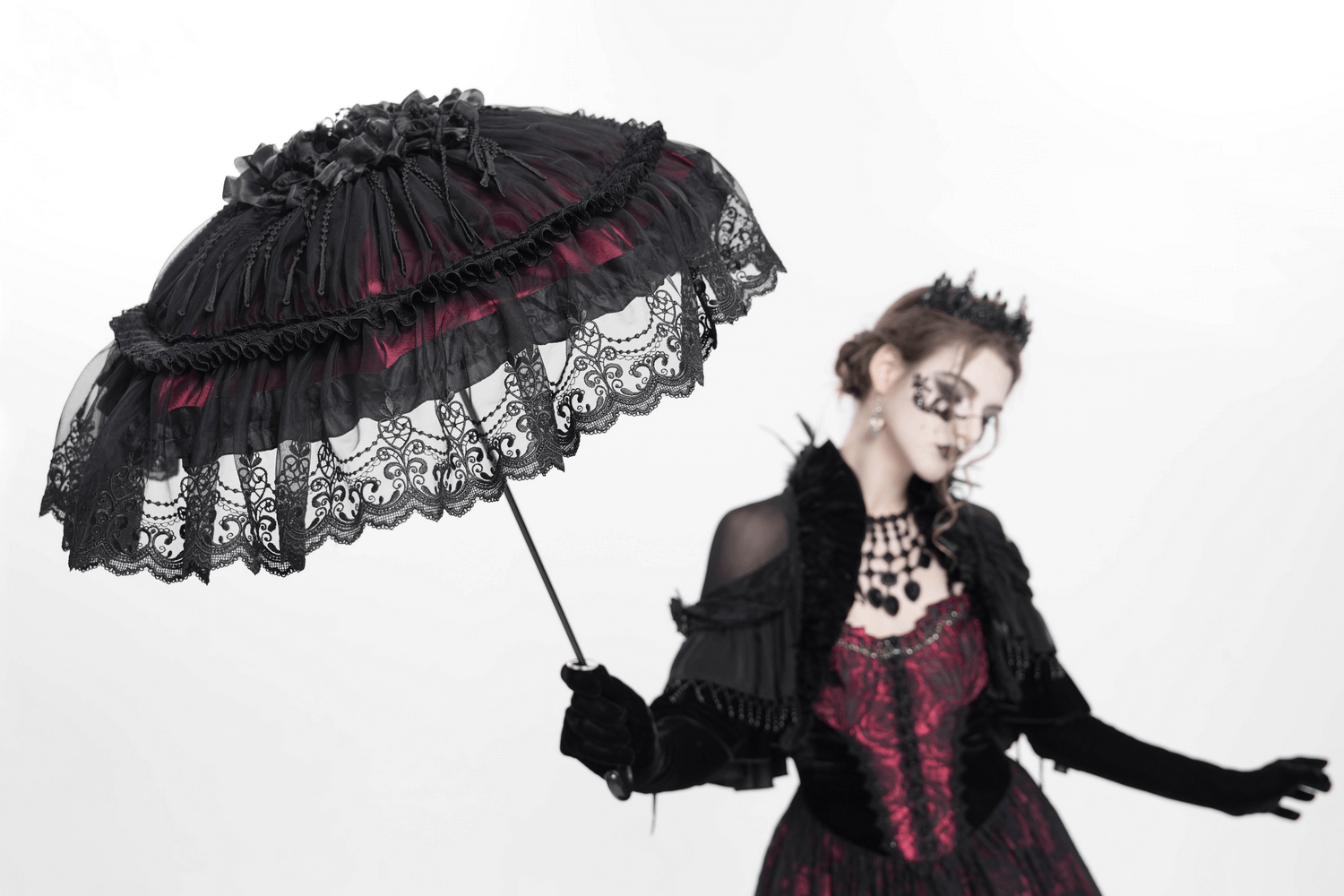 Vintage-inspired Gothic lace umbrella with roses and fringe for elegant style.