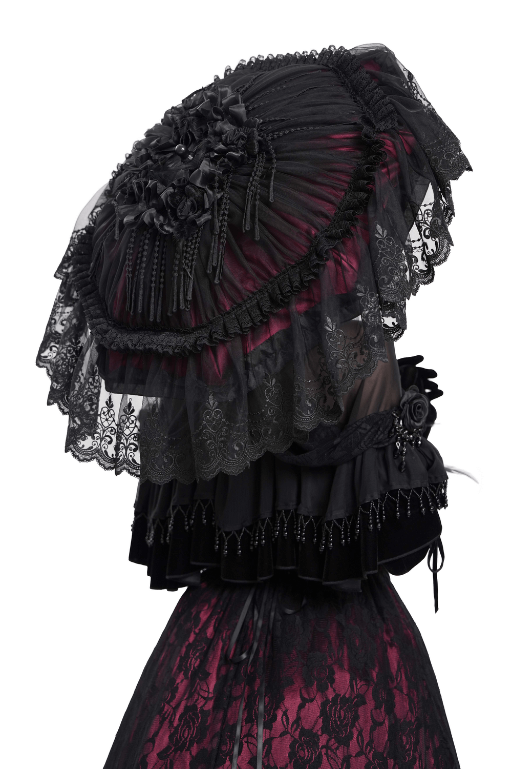 Gothic lace fringe umbrella adorned with roses and satin detail, showcasing vintage elegance in black and burgundy.