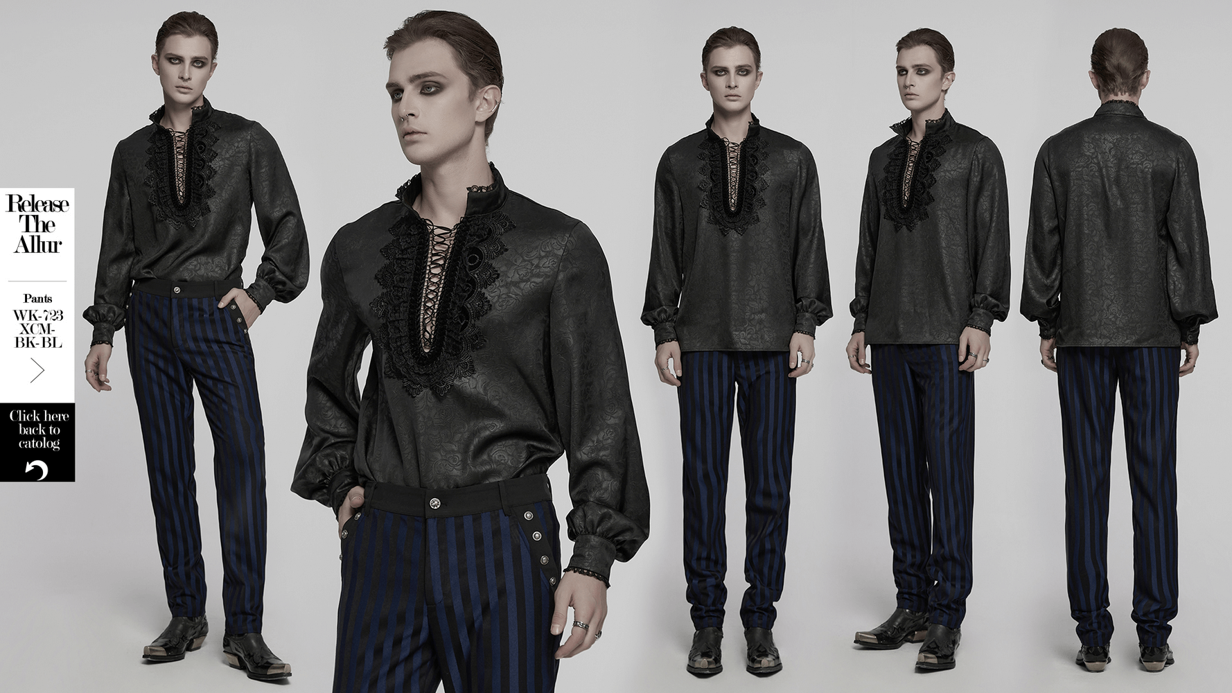 Gothic lace front drawstring shirt with stand-up collar and dark rose pattern for alternative fashion.