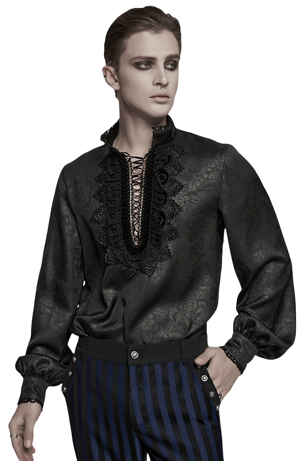 Gothic lace front drawstring shirt with stand-up collar, featuring delicate rose pattern and stylish black fabric.