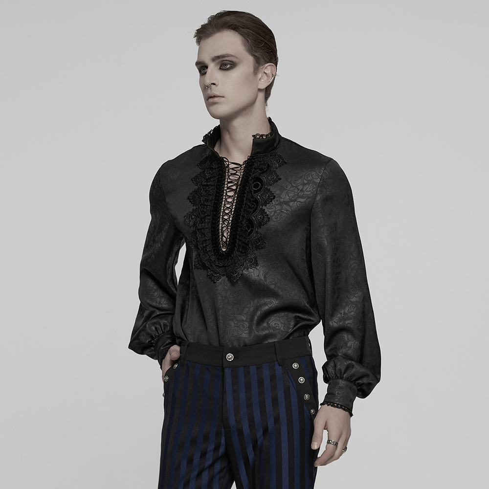 Gothic lace front drawstring shirt with stand-up collar and dark rose pattern, perfect for alternative fashion.