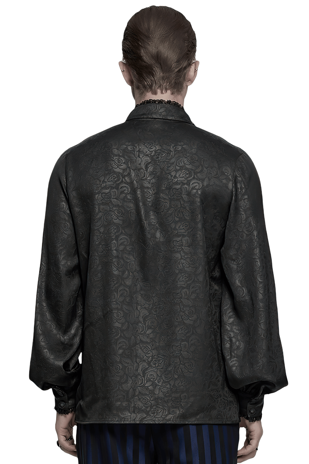 Back view of a Gothic lace front shirt with stand-up collar and dark rose pattern, showcasing its unique style.