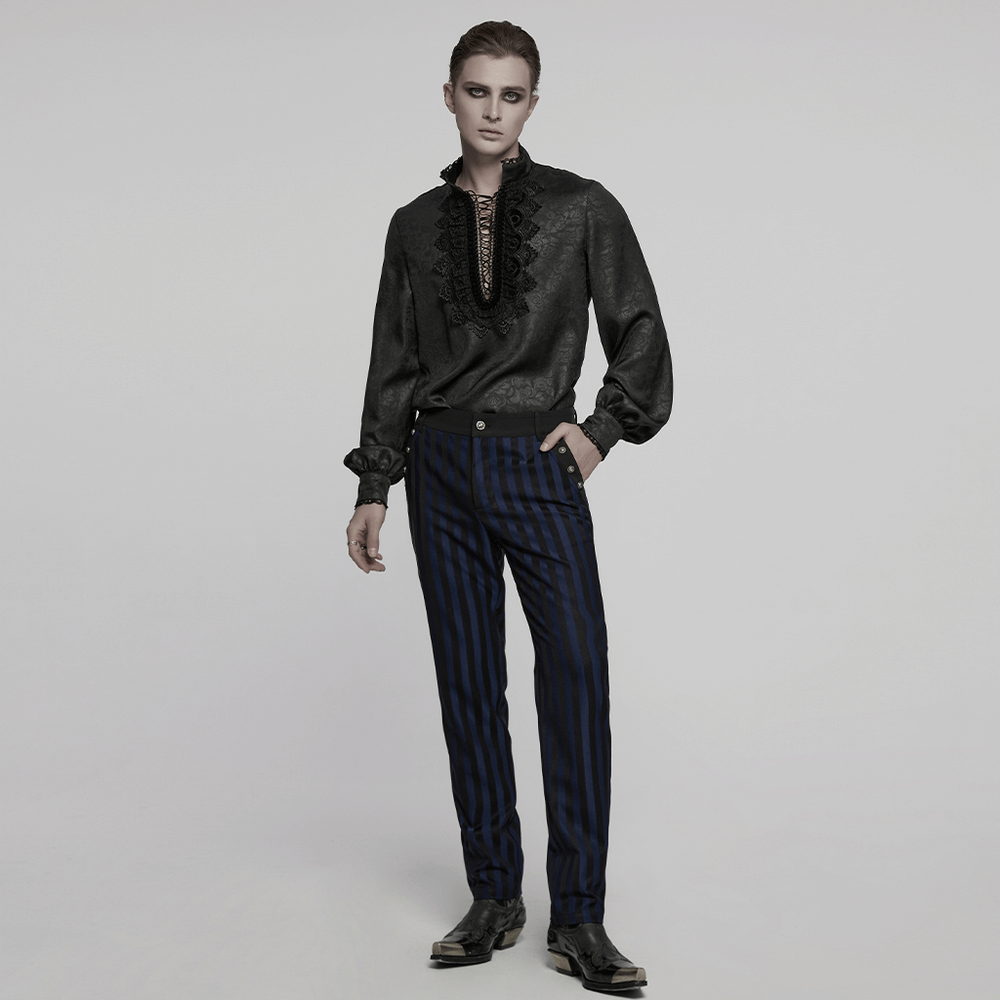 Gothic lace front drawstring shirt with stand-up collar and striped pants for edgy alternative fashion.
