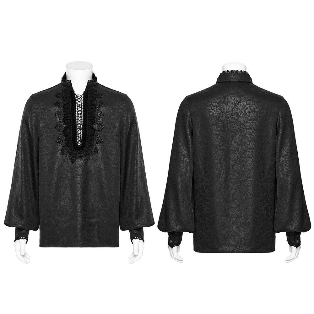Gothic lace front drawstring shirt with stand-up collar and dark rose pattern, perfect for edgy alternative fashion.