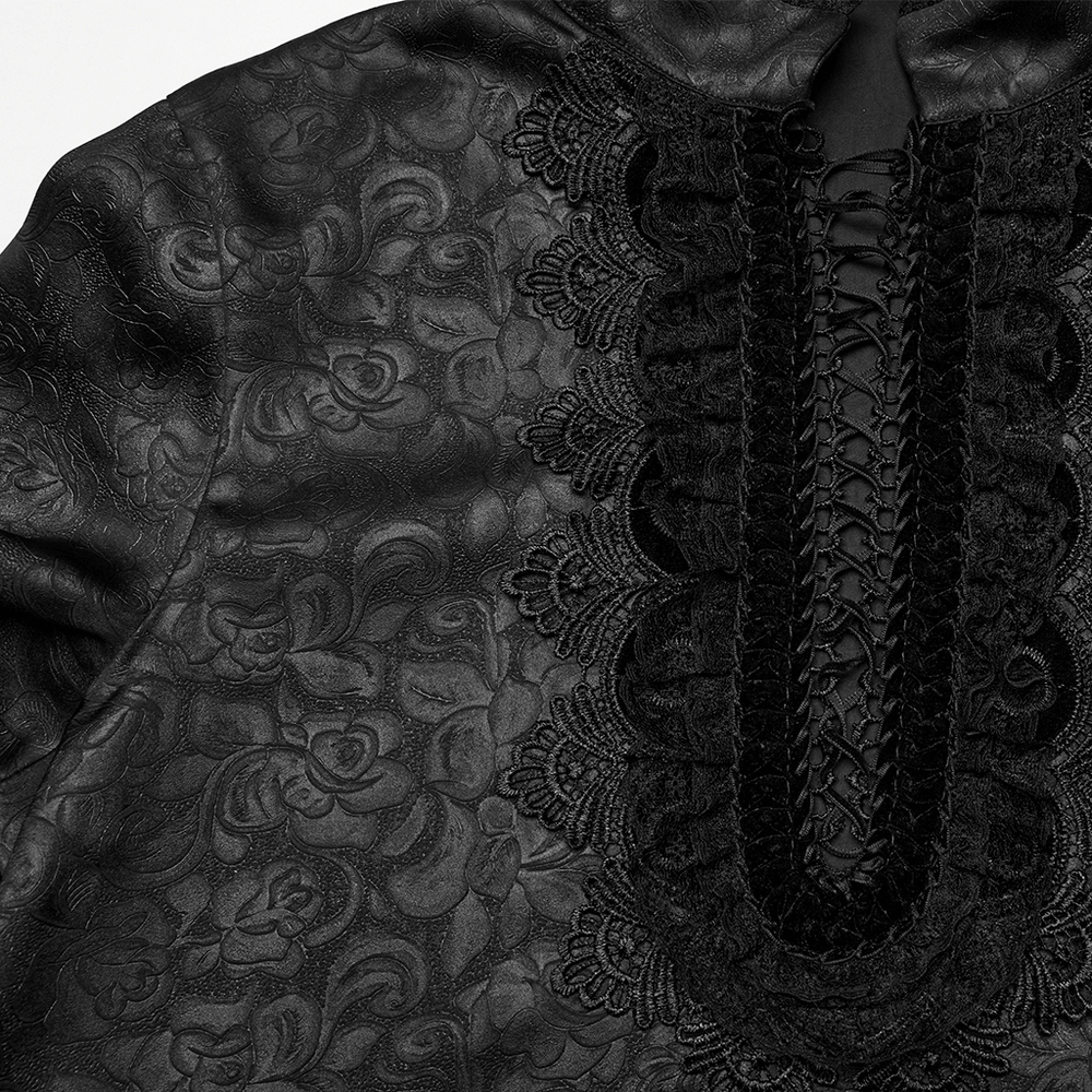Gothic lace front drawstring shirt with intricate dark rose pattern and stand-up collar details.
