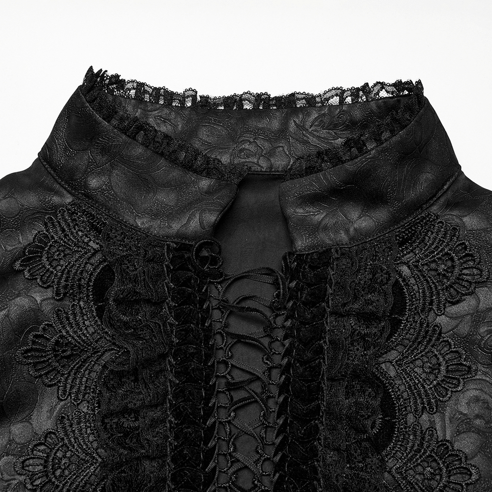 Gothic lace front drawstring shirt featuring a stand-up collar and intricate dark rose pattern in soft black fabric.