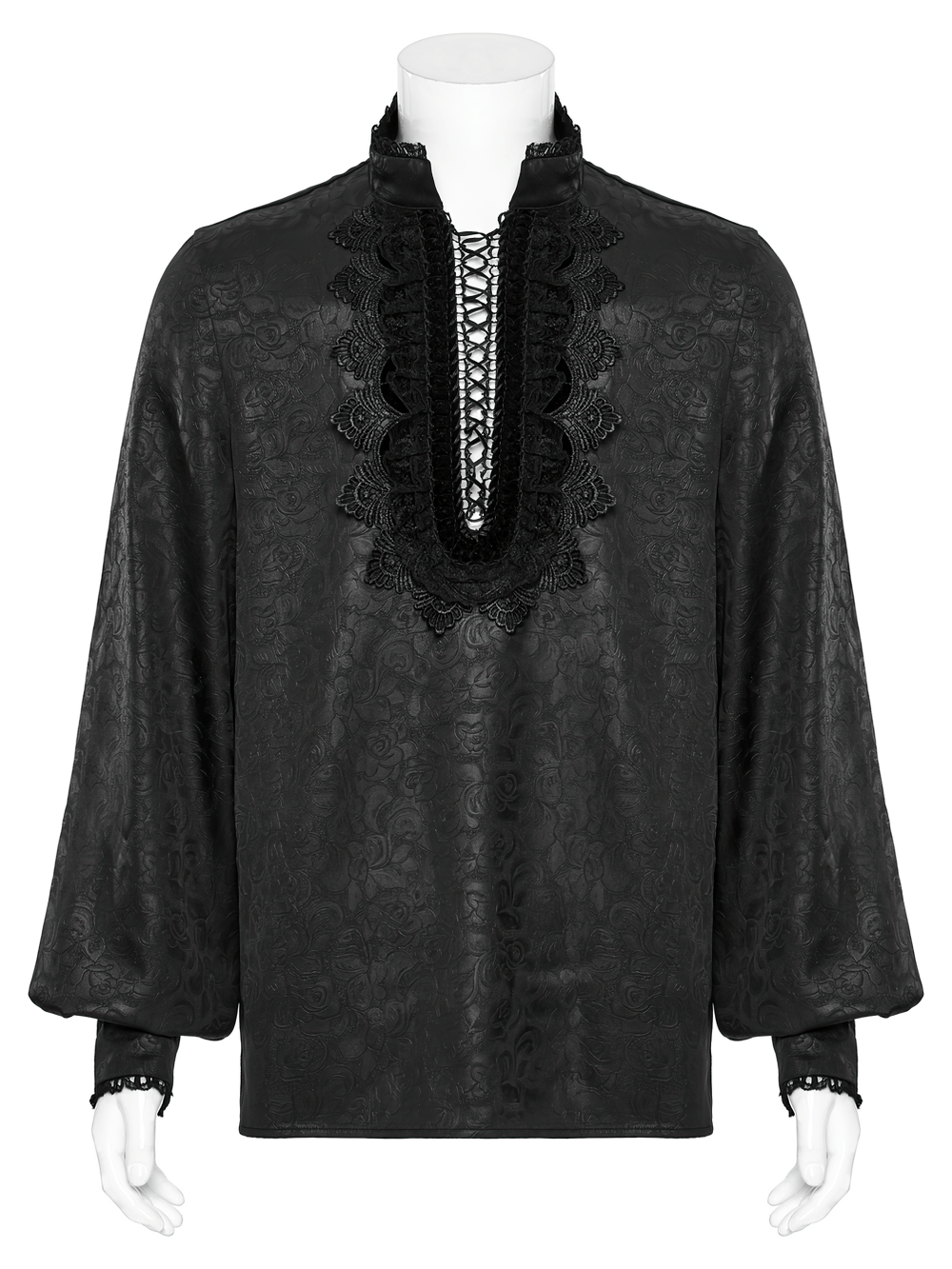 Gothic lace front drawstring shirt with stand-up collar, featuring intricate rose pattern and lace detailing.