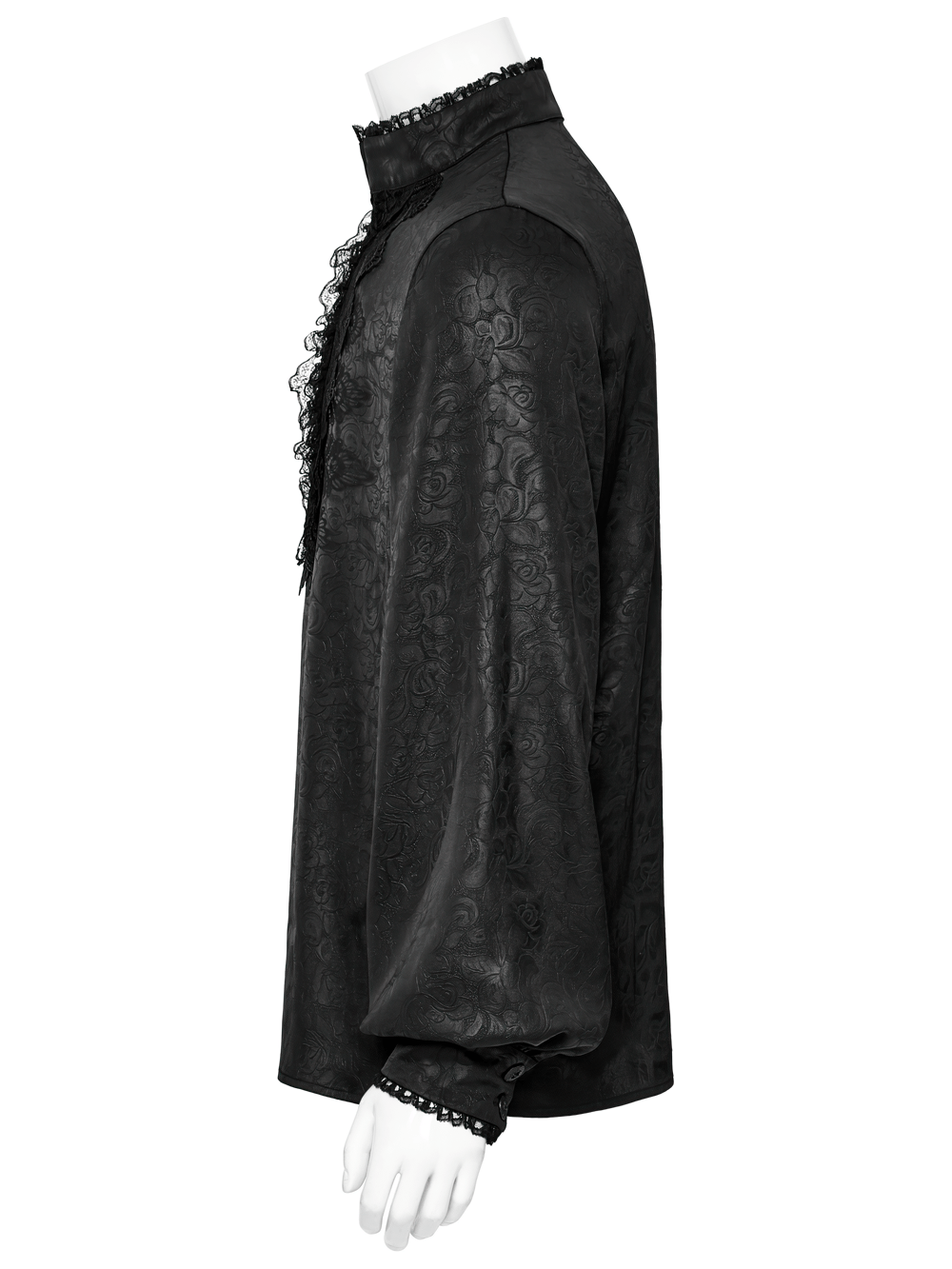 Gothic lace front drawstring shirt with stand-up collar featuring dark rose pattern and delicate lace details.