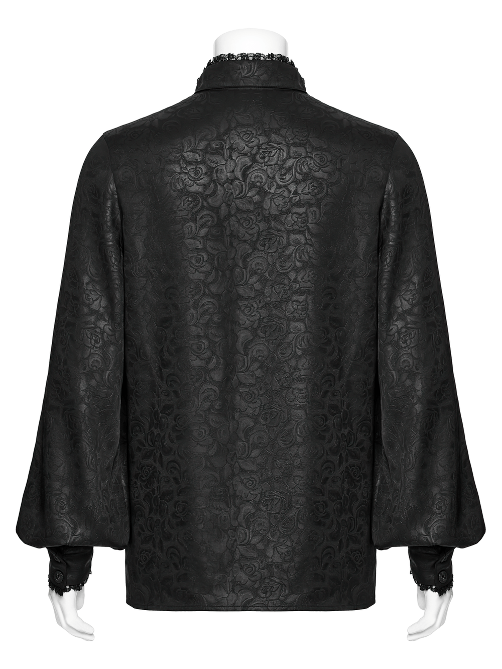 Back view of a Gothic lace front drawstring shirt with stand-up collar, featuring intricate dark rose pattern and lace details.