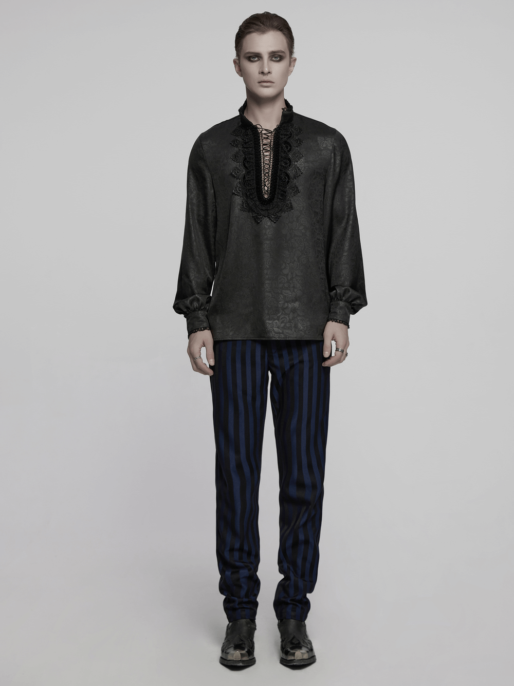 Gothic lace front drawstring shirt with stand-up collar and stripes for edgy alternative fashion.