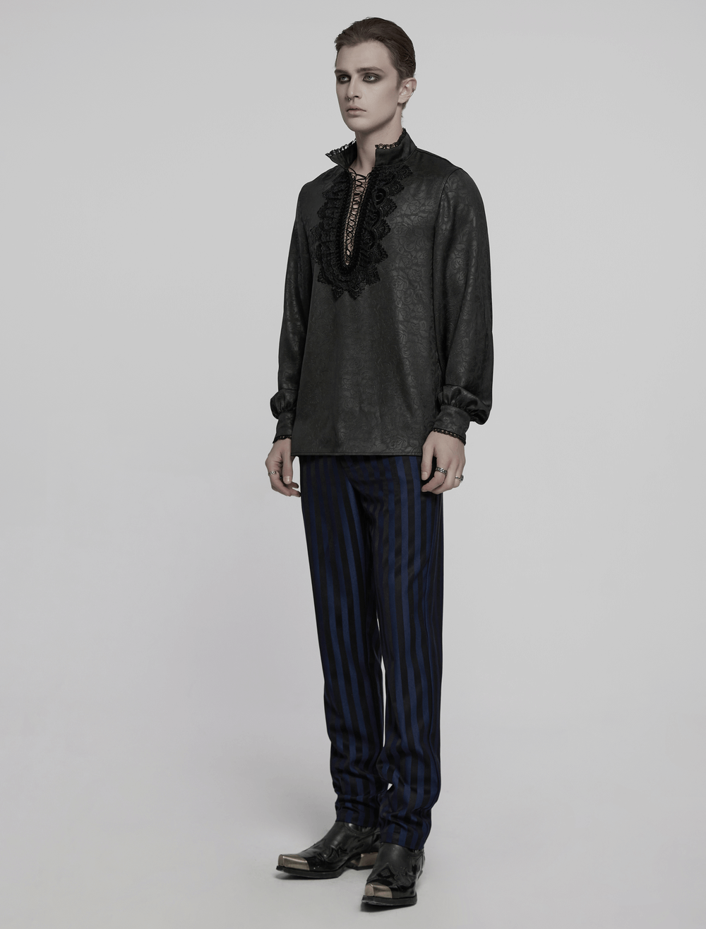 Gothic lace front drawstring shirt with stand-up collar, paired with dark striped pants, perfect for edgy fashion.