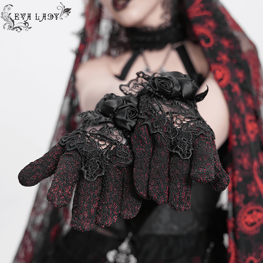 Gothic lace gloves in black and red with black rose accents, perfect for a vintage gothic wardrobe.