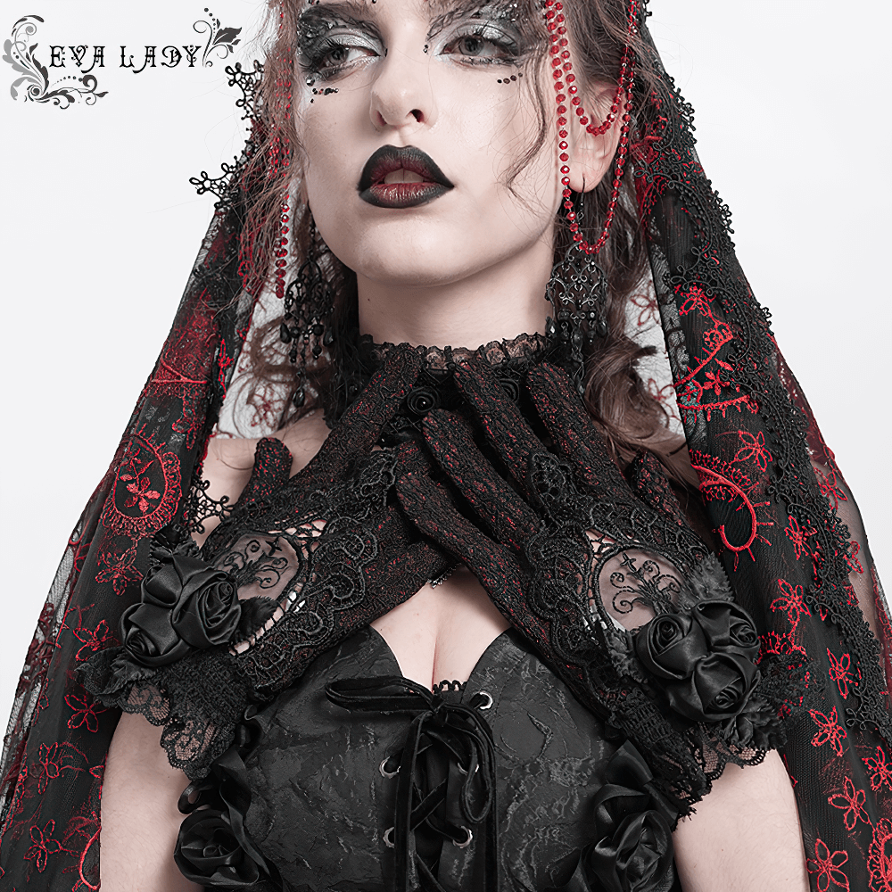 Gothic lace gloves with black roses, Victorian style lace, and dramatic mesh details for a bold gothic look.