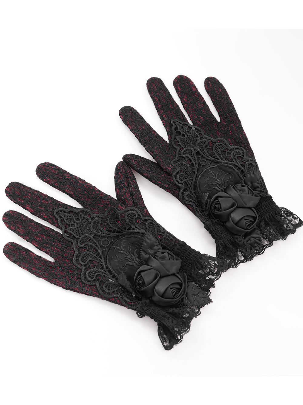 Gothic lace gloves in red and black with floral trim and satin roses, perfect for vintage and costume outfits.