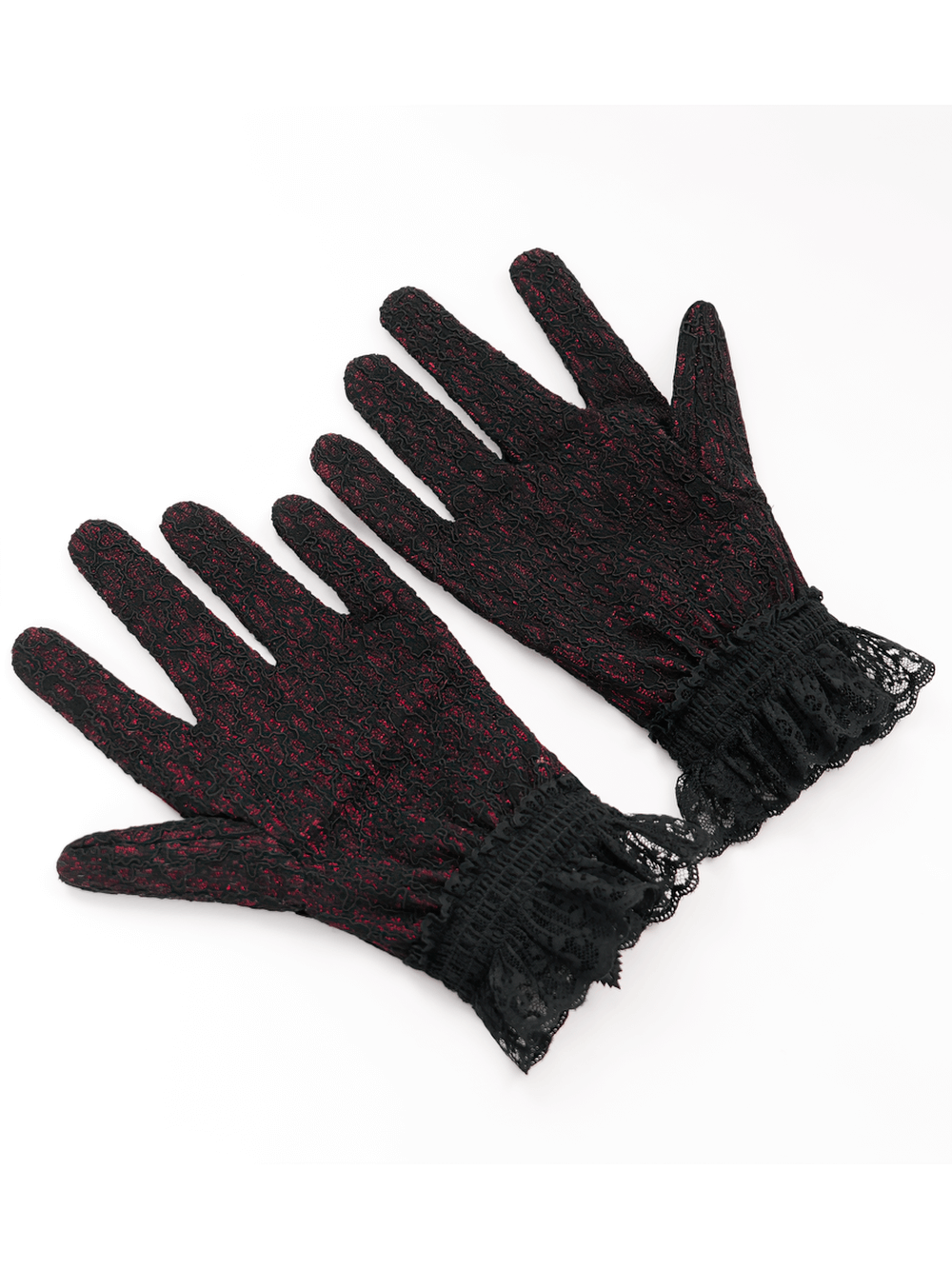 Gothic lace gloves in red and black with ruffled cuffs and floral trim for a vintage, dramatic look.