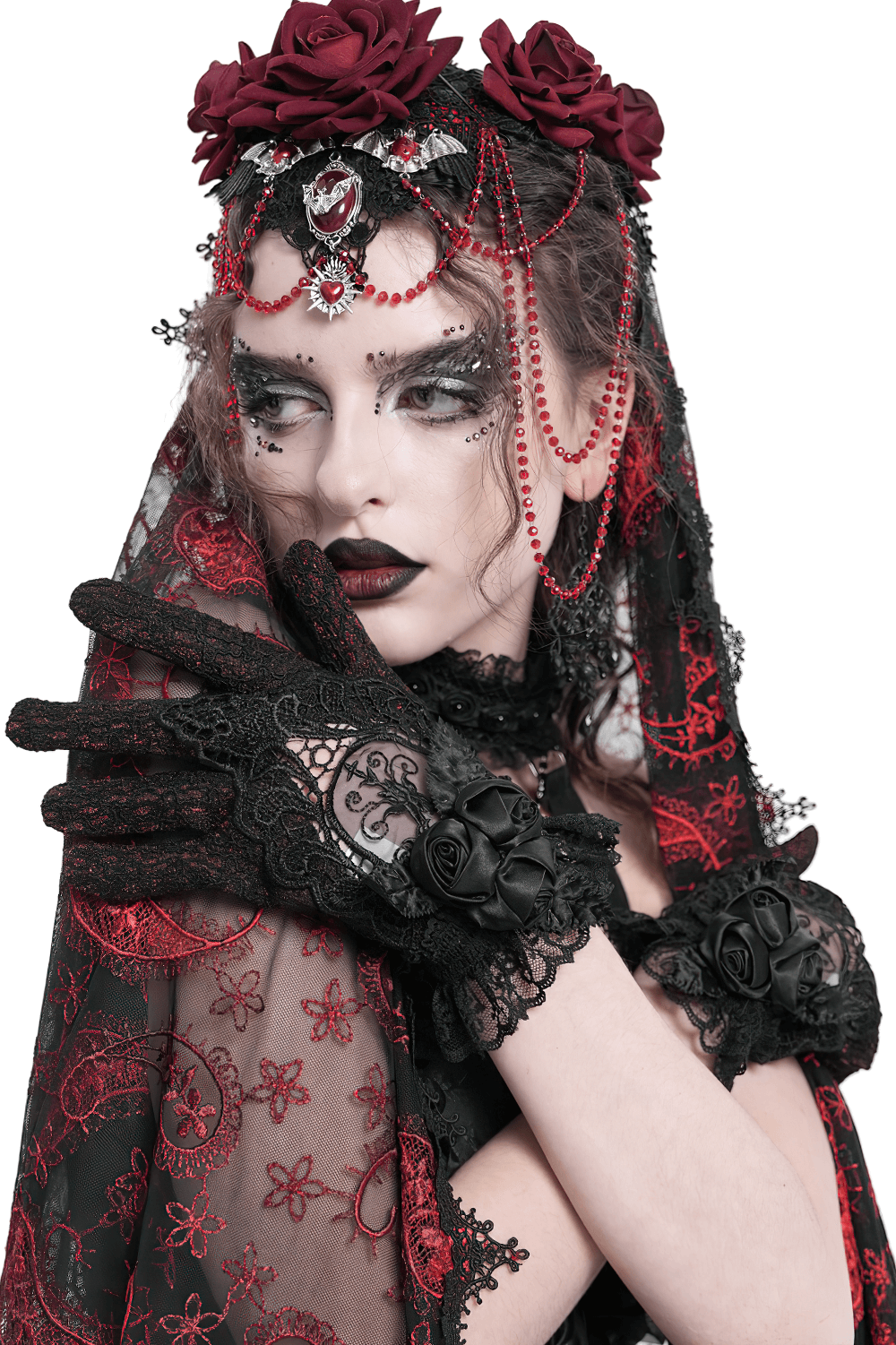 Gothic lace gloves with black rose details, elevating a dramatic Victorian outfit against a striking red and black background.