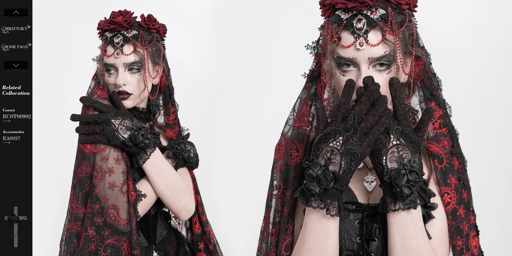 Gothic lace gloves with black rose and mesh details, styled elegantly with a dramatic red and black outfit.