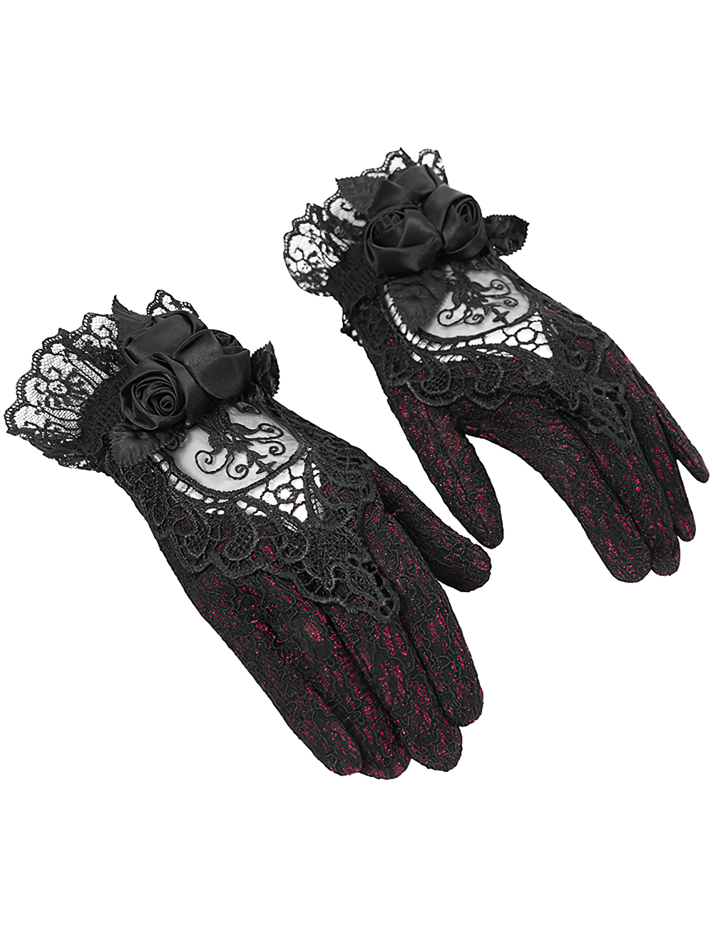 Gothic lace gloves in red and black with black rose and mesh details, perfect for dramatic Victorian style outfits.