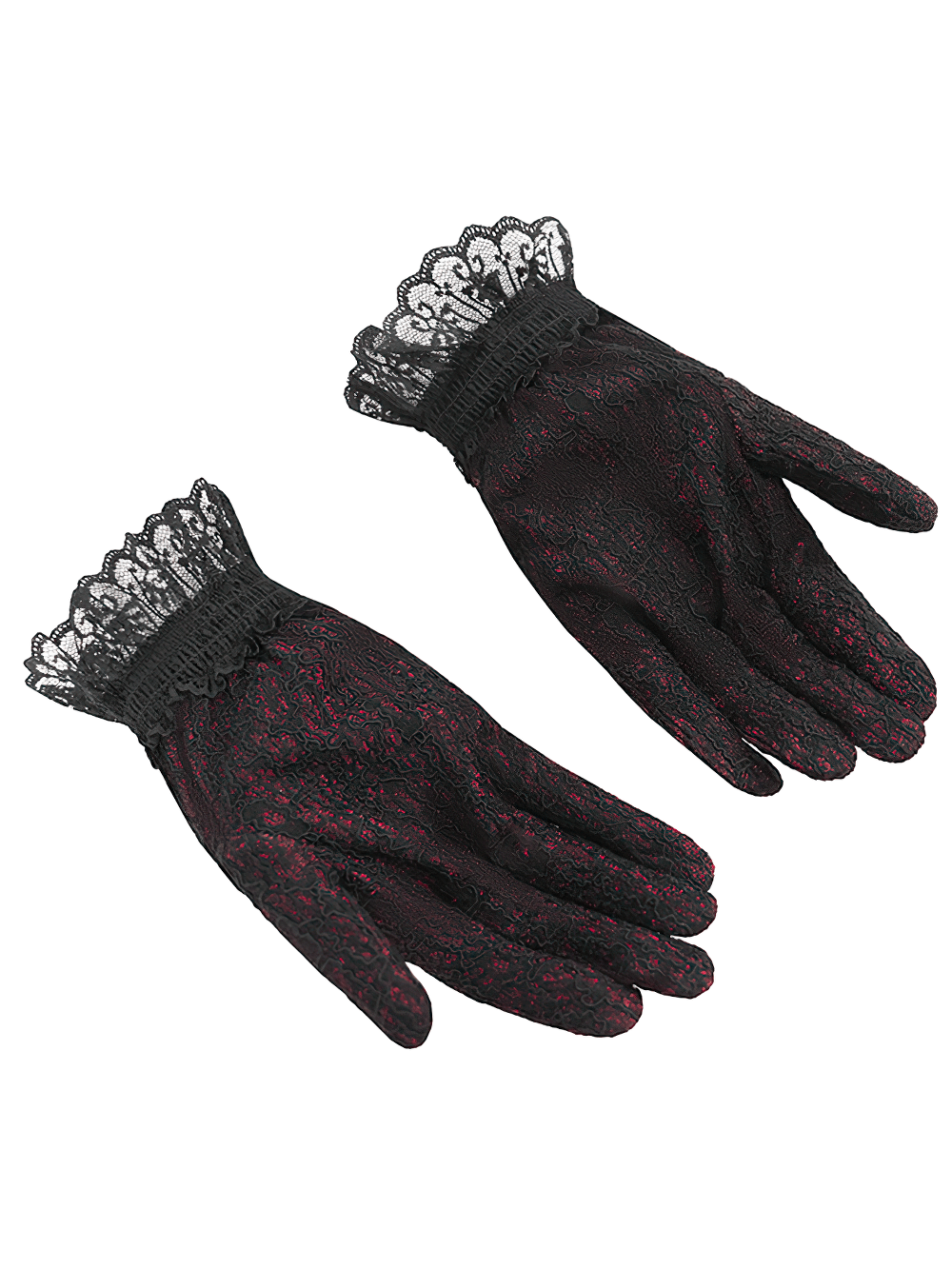 Gothic lace gloves in red and black with intricate black roses and mesh details for a dramatic vintage look.