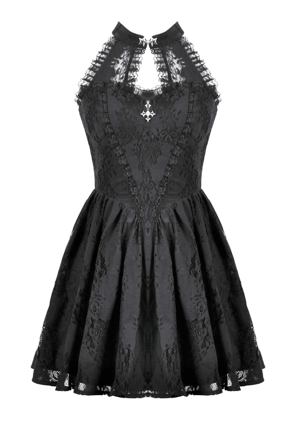 Gothic lace halter dress with keyhole neckline and flared A-line skirt, perfect for dark romantic style.