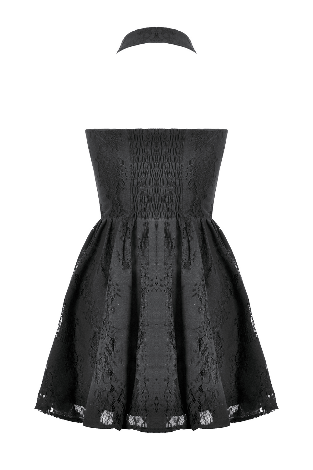 Gothic lace halter dress with keyhole neckline and flared A-line skirt, featuring delicate lace trim and a romantic silhouette.