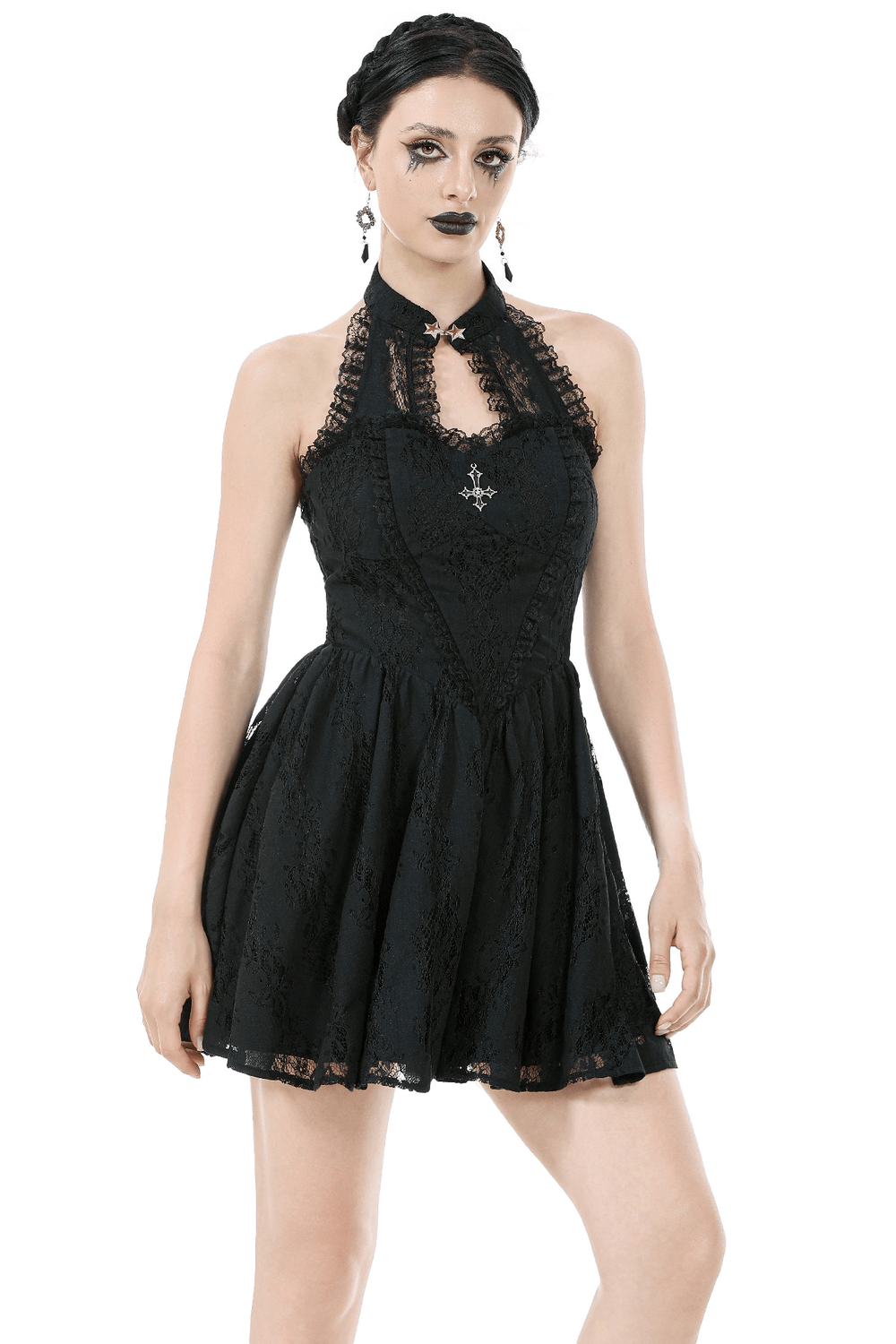 Gothic lace halter dress with keyhole neckline and floral lace overlays, perfect for alternative fashion lovers.