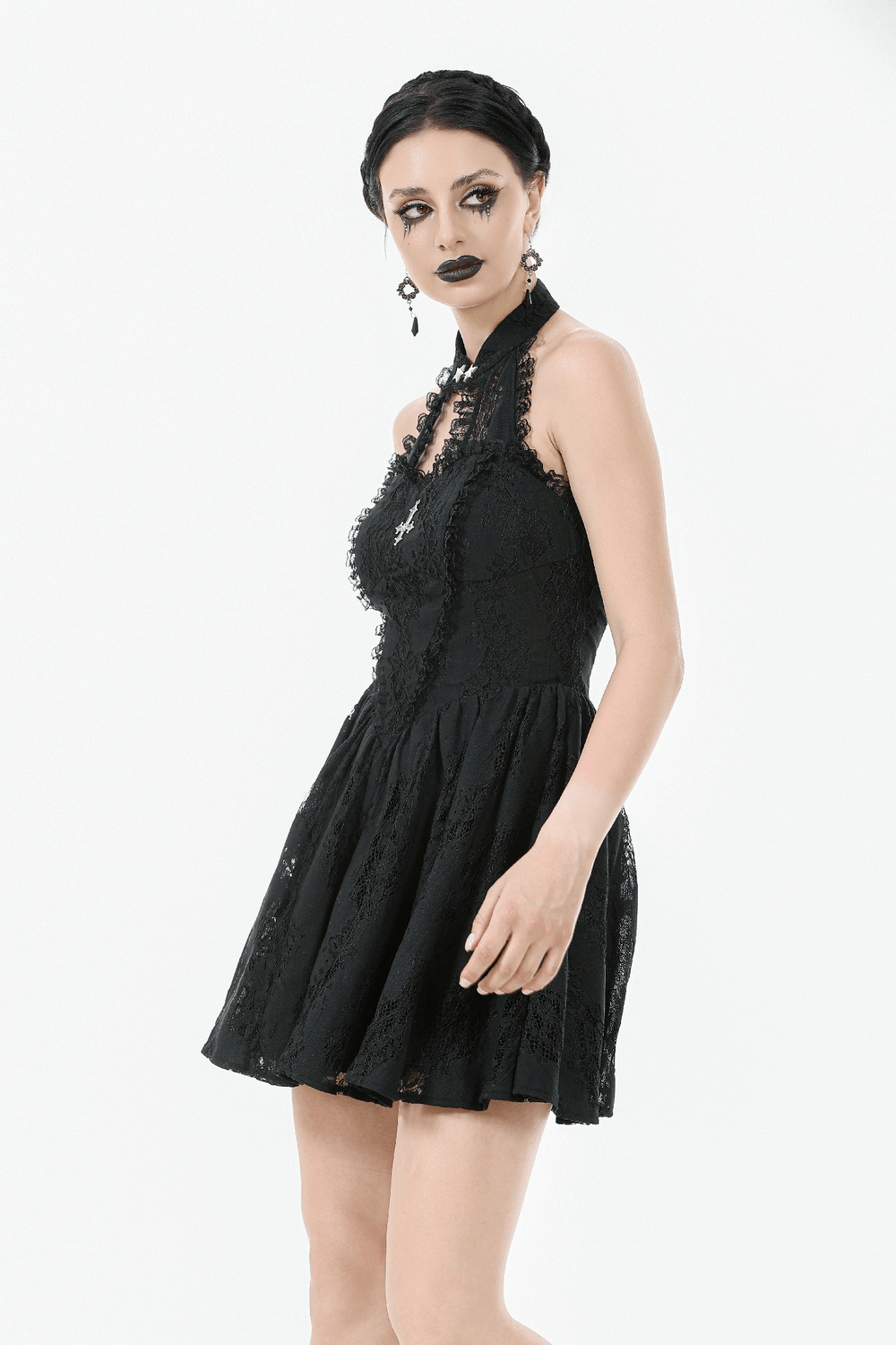 Gothic lace halter dress with keyhole neckline, featuring a flared A-line skirt and silver emblem detail.