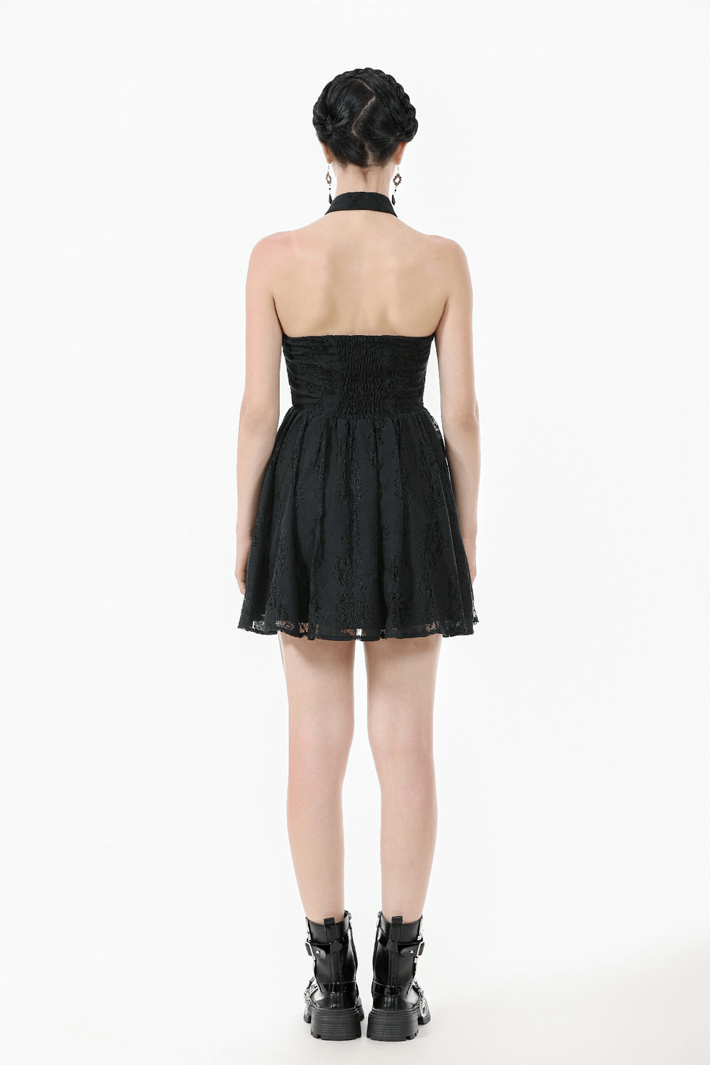 Back view of Gothic Lace Halter A-line Dress with keyhole neckline and flared skirt, showcasing dark romantic style.