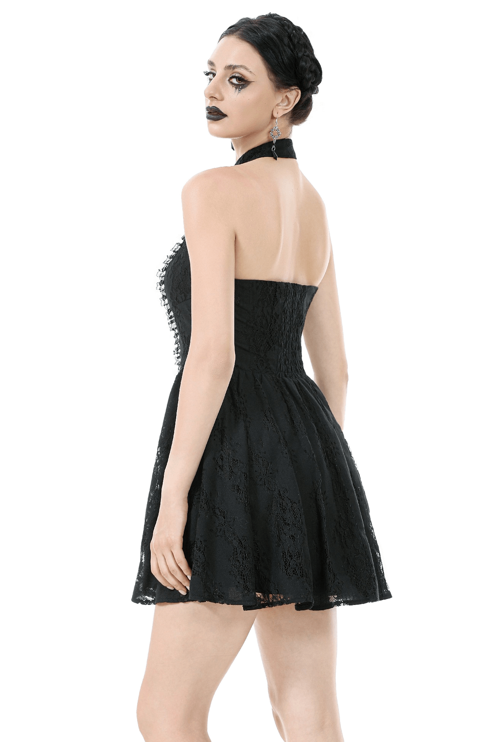 Back view of a dark romantic Gothic lace halter dress with keyhole neckline and flared A-line skirt.